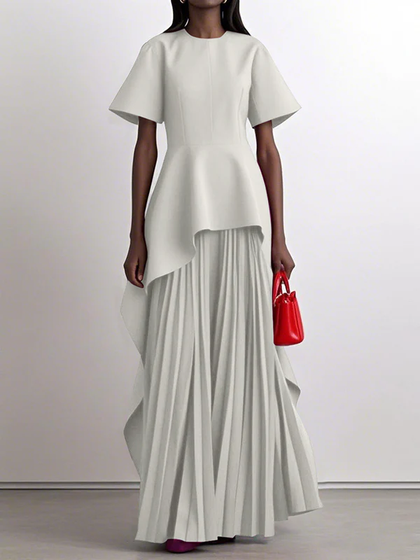 A-Line High Waisted Pleated Solid Color Split-Joint Round-Neck Maxi Dresses - Image 6