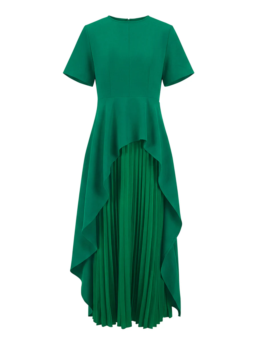 A-Line High Waisted Pleated Solid Color Split-Joint Round-Neck Maxi Dresses - Image 7