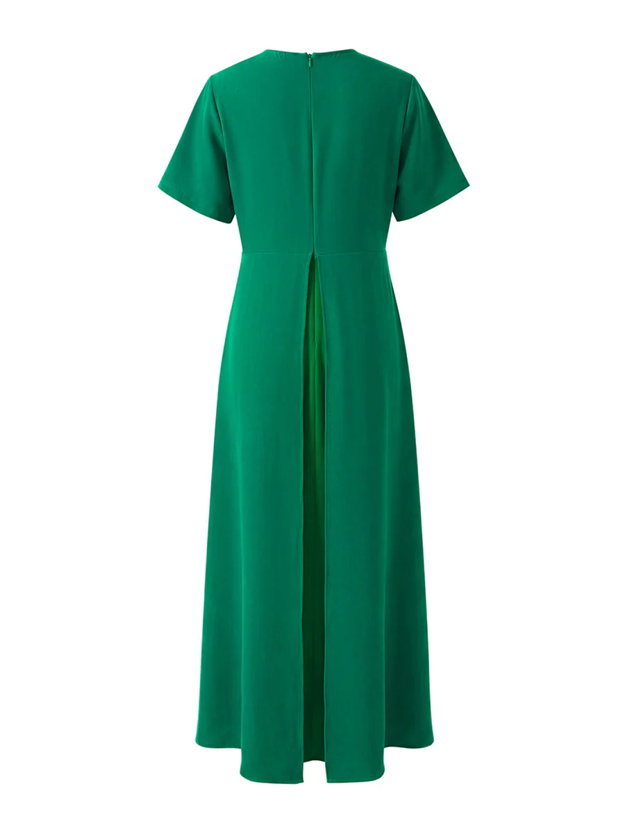 A-Line High Waisted Pleated Solid Color Split-Joint Round-Neck Maxi Dresses - Image 8