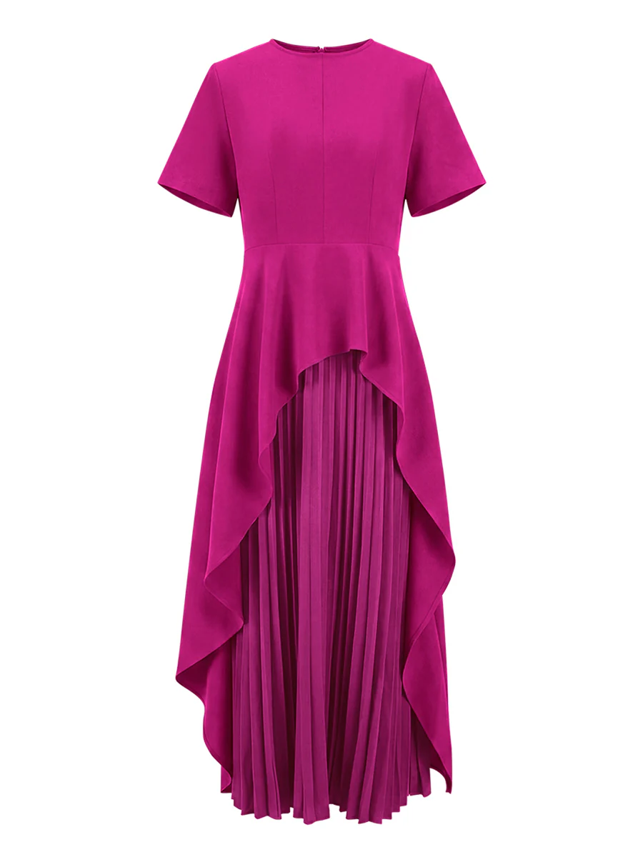 A-Line High Waisted Pleated Solid Color Split-Joint Round-Neck Maxi Dresses - Image 9
