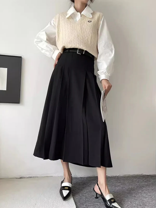 A-Line High Waisted Pleated Solid Color Split-Joint Skirts - Image 2
