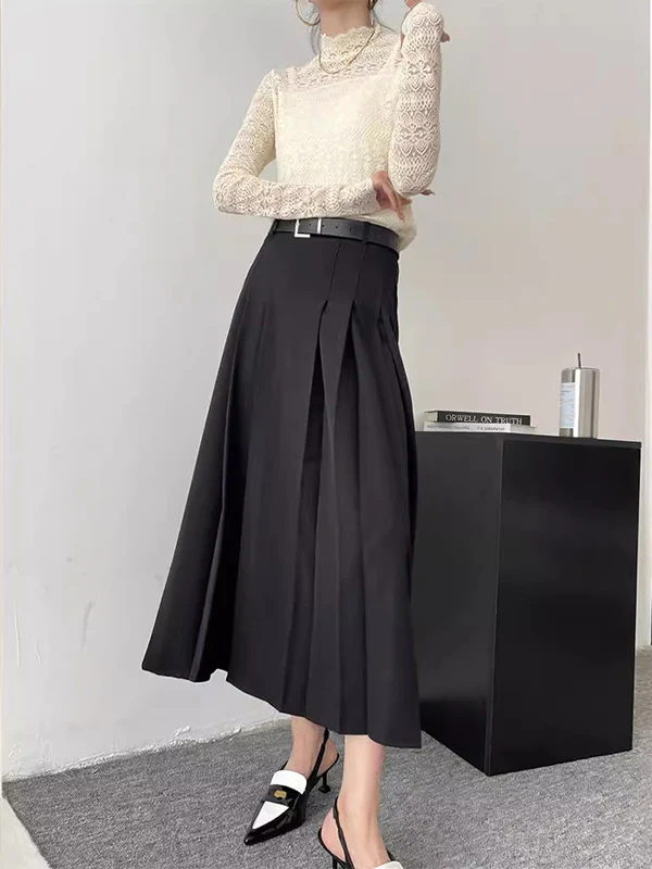 A-Line High Waisted Pleated Solid Color Split-Joint Skirts - Image 3