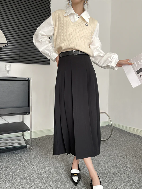 A-Line High Waisted Pleated Solid Color Split-Joint Skirts - Image 4