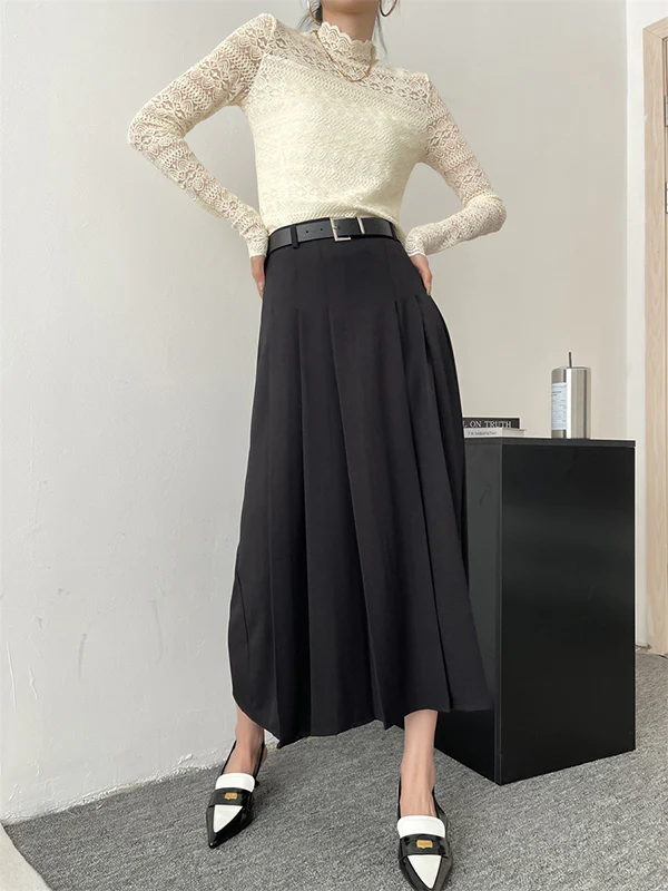 A-Line High Waisted Pleated Solid Color Split-Joint Skirts - Image 5