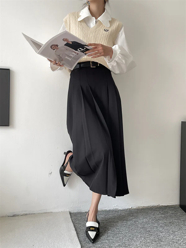 A-Line High Waisted Pleated Solid Color Split-Joint Skirts - Image 6