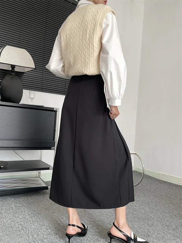 A-Line High Waisted Pleated Solid Color Split-Joint Skirts - Image 7