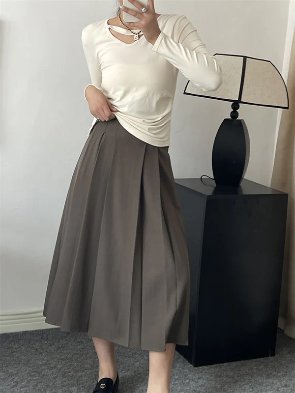 A-Line High Waisted Pleated Solid Color Split-Joint Skirts - Image 8