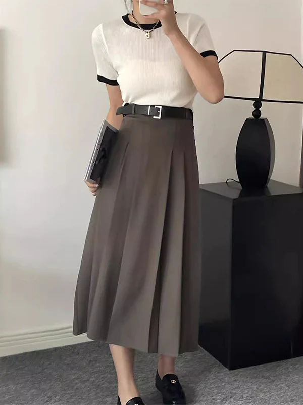 A-Line High Waisted Pleated Solid Color Split-Joint Skirts - Image 9