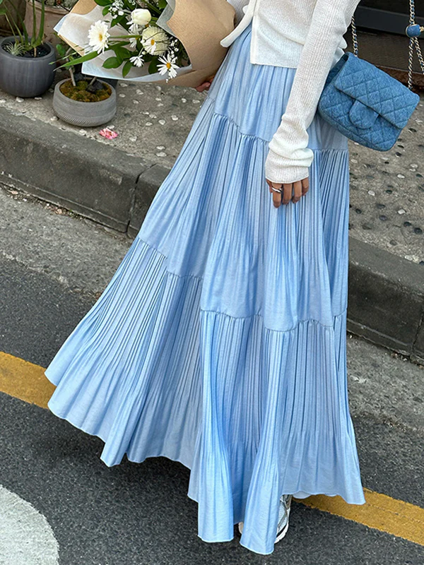 A-Line High Waisted Pleated Solid Color Split-Joint Skirts Bottoms - Image 2