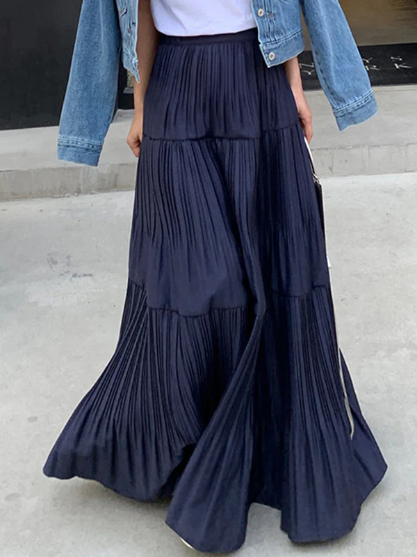 A-Line High Waisted Pleated Solid Color Split-Joint Skirts Bottoms - Image 3