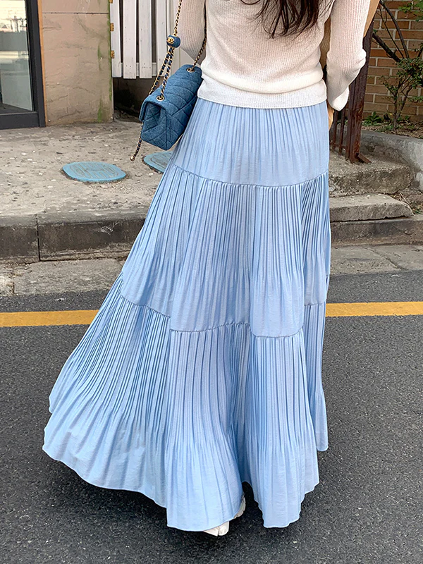 A-Line High Waisted Pleated Solid Color Split-Joint Skirts Bottoms - Image 4