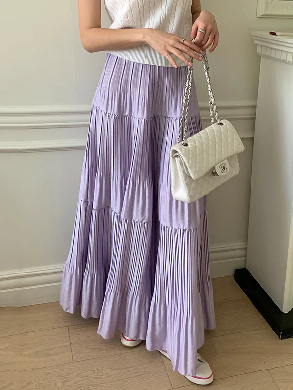 A-Line High Waisted Pleated Solid Color Split-Joint Skirts Bottoms - Image 5