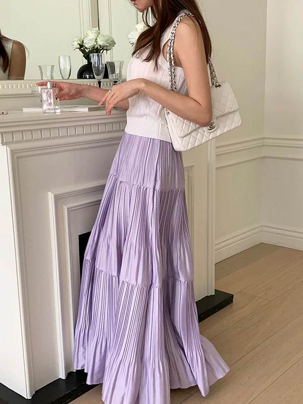 A-Line High Waisted Pleated Solid Color Split-Joint Skirts Bottoms - Image 6