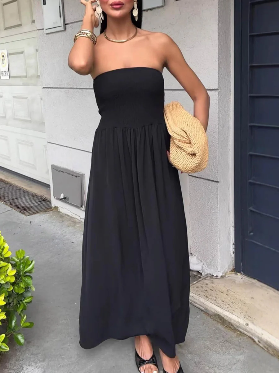 A-Line High Waisted Pleated Solid Color Split-Joint Tube Midi Dresses - Image 2