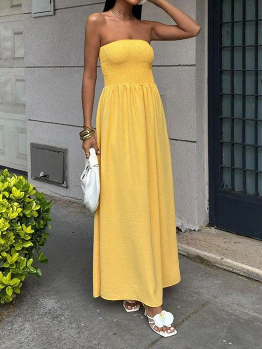 A-Line High Waisted Pleated Solid Color Split-Joint Tube Midi Dresses - Image 6