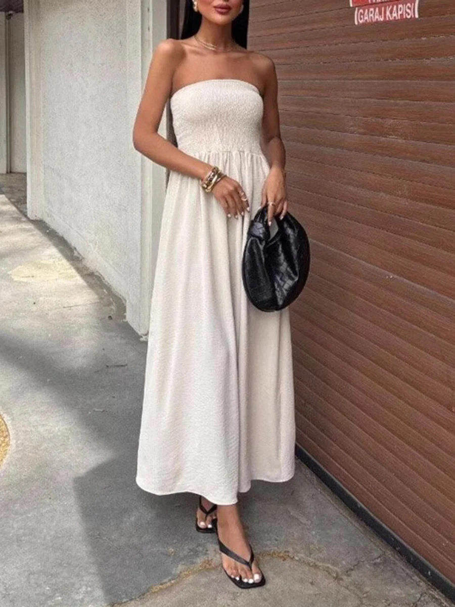 A-Line High Waisted Pleated Solid Color Split-Joint Tube Midi Dresses - Image 7