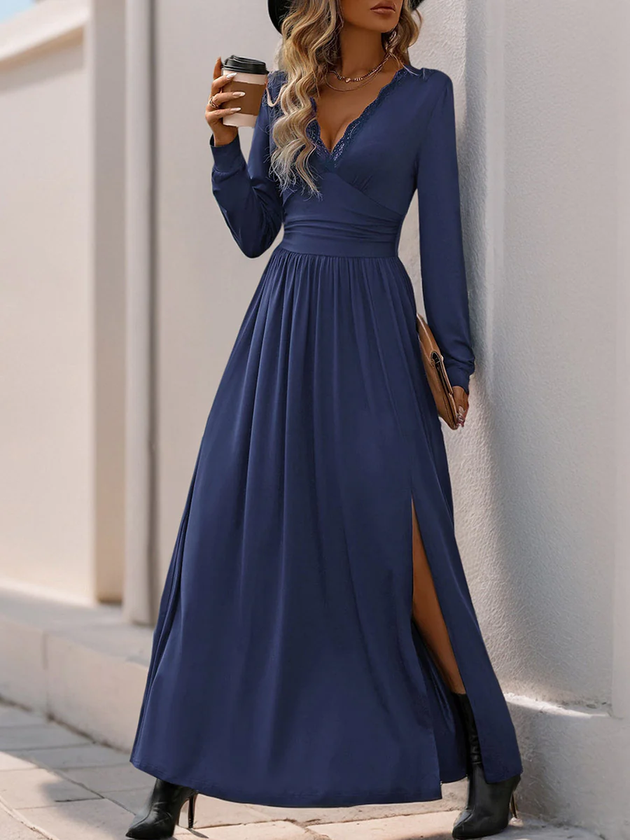 A-Line High Waisted Pleated Solid Color Split-Side V-Neck Maxi Dresses - Image 13