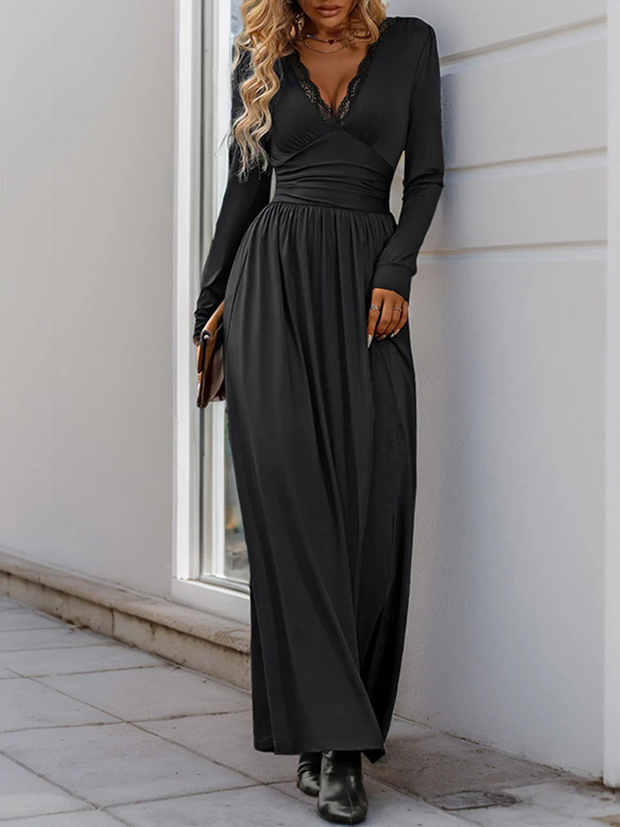 A-Line High Waisted Pleated Solid Color Split-Side V-Neck Maxi Dresses - Image 18