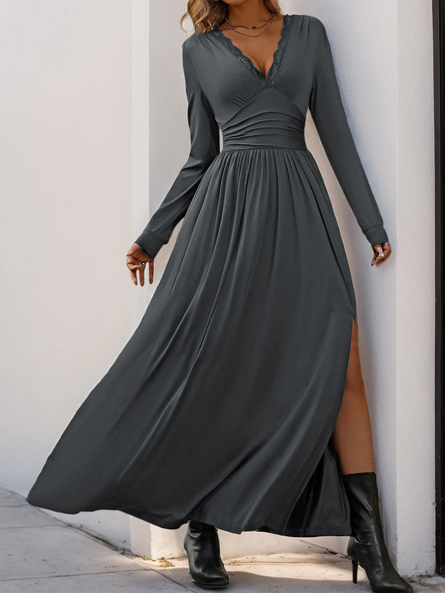 A-Line High Waisted Pleated Solid Color Split-Side V-Neck Maxi Dresses - Image 2