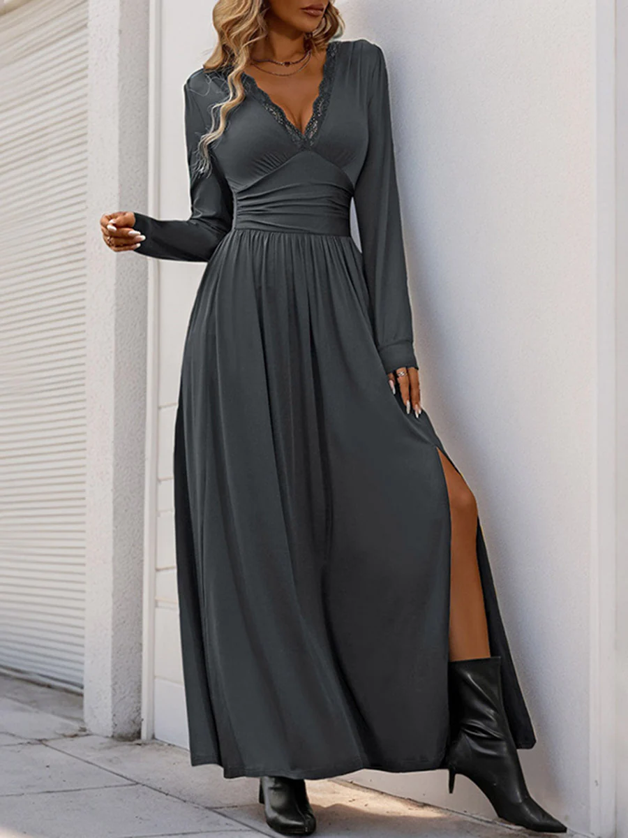 A-Line High Waisted Pleated Solid Color Split-Side V-Neck Maxi Dresses - Image 3