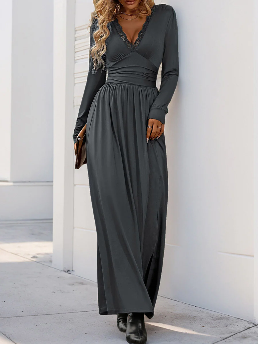 A-Line High Waisted Pleated Solid Color Split-Side V-Neck Maxi Dresses - Image 4