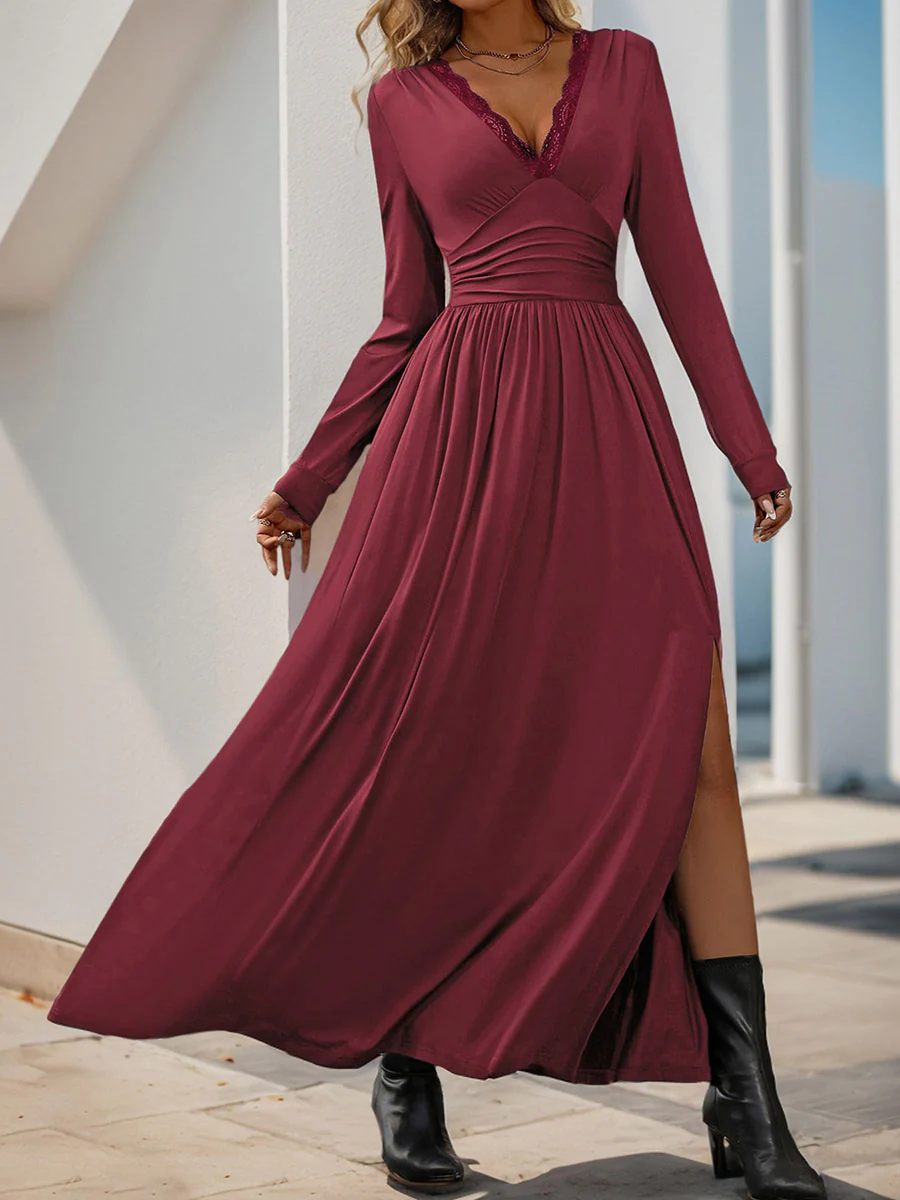 A-Line High Waisted Pleated Solid Color Split-Side V-Neck Maxi Dresses - Image 5