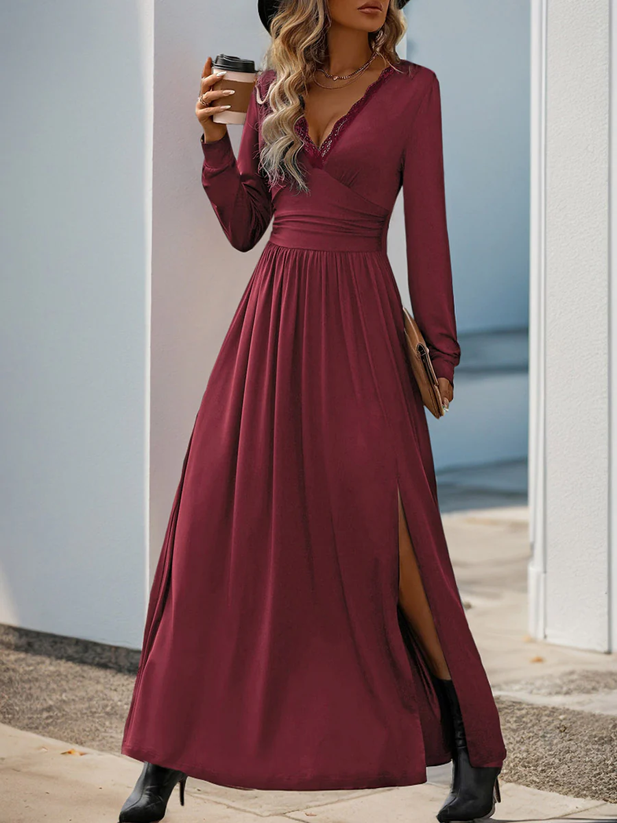 A-Line High Waisted Pleated Solid Color Split-Side V-Neck Maxi Dresses - Image 6
