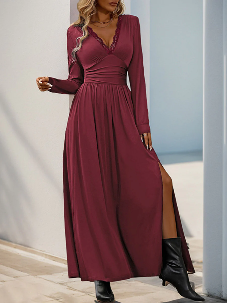 A-Line High Waisted Pleated Solid Color Split-Side V-Neck Maxi Dresses - Image 7