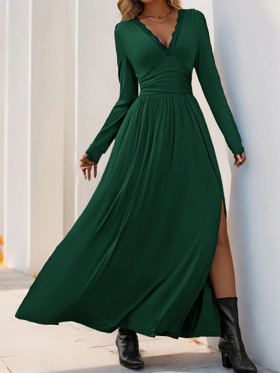 A-Line High Waisted Pleated Solid Color Split-Side V-Neck Maxi Dresses - Image 8