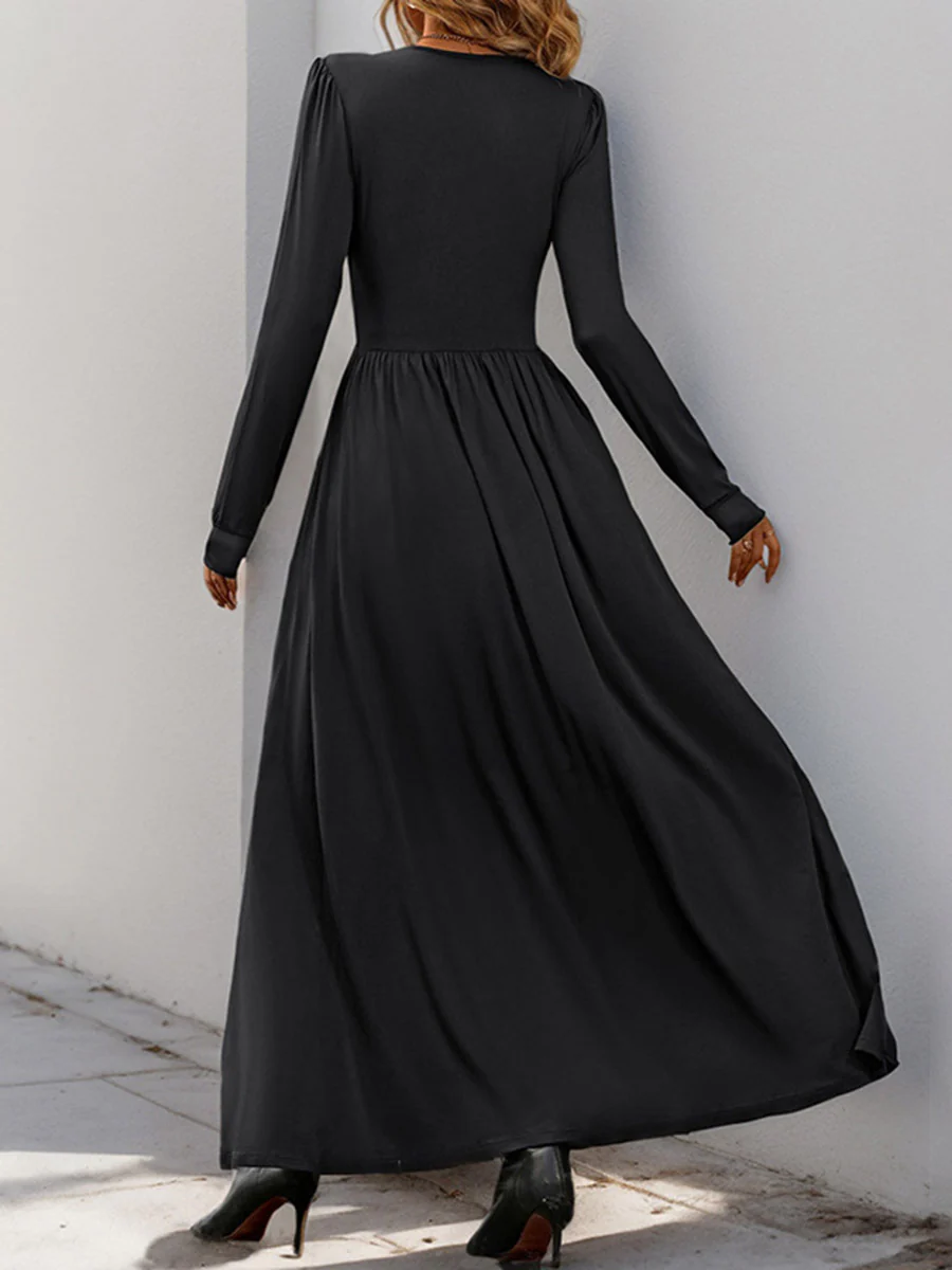 A-Line High Waisted Pleated Solid Color Split-Side V-Neck Maxi Dresses - Image 9
