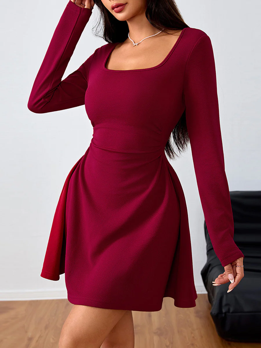 A-line High Waisted Pleated Solid Color Square-neck Mini Dresses - Image 10