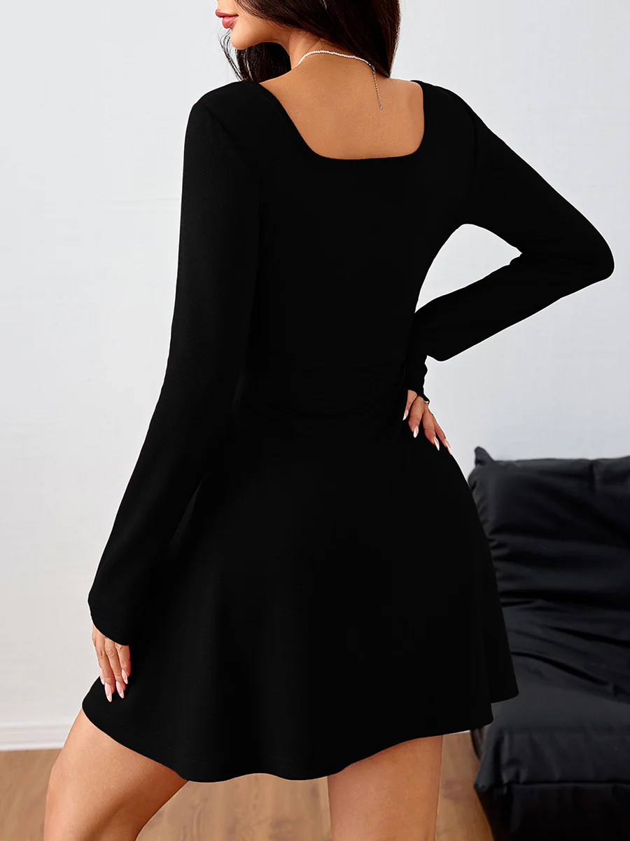 A-line High Waisted Pleated Solid Color Square-neck Mini Dresses - Image 7