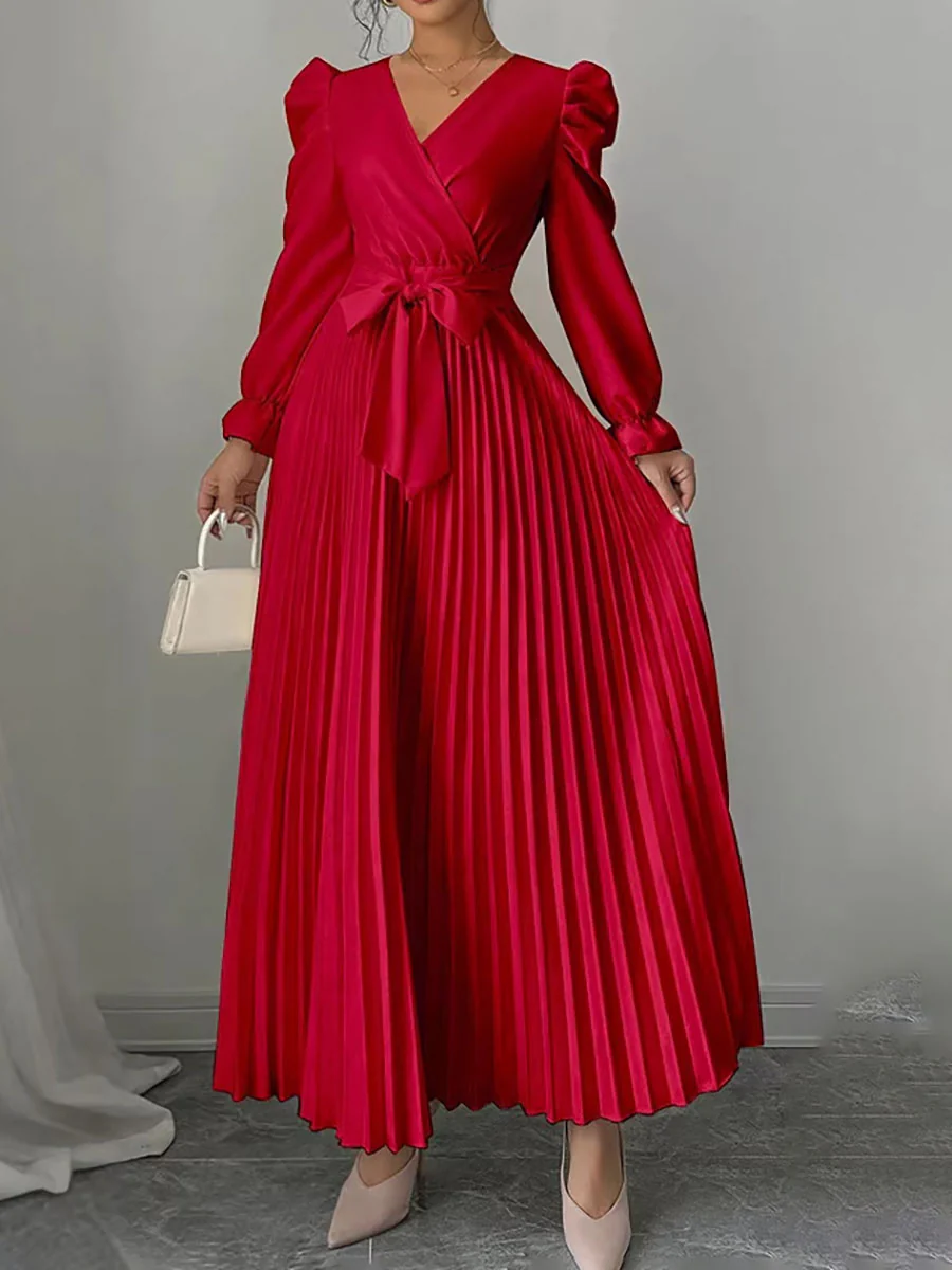 A-Line High Waisted Pleated Solid Color Tied Waist V-Neck Maxi Dresses