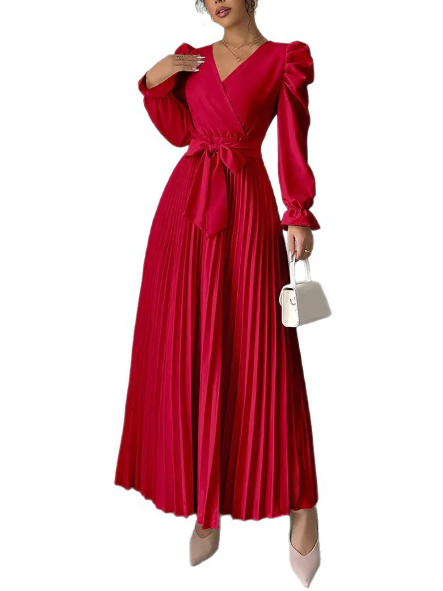 A-Line High Waisted Pleated Solid Color Tied Waist V-Neck Maxi Dresses - Image 2