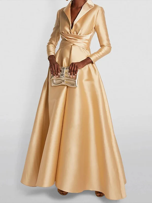 A-Line High Waisted Pleated Solid Color V-Neck Maxi Dresses - Image 2