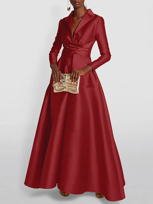 A-Line High Waisted Pleated Solid Color V-Neck Maxi Dresses - Image 3