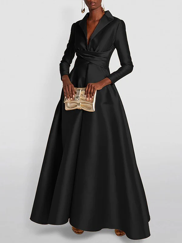 A-Line High Waisted Pleated Solid Color V-Neck Maxi Dresses - Image 4