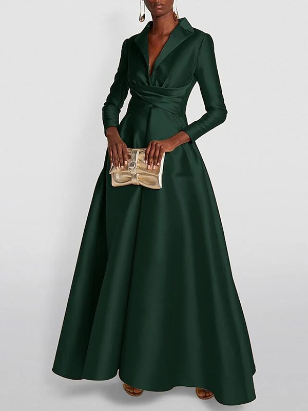 A-Line High Waisted Pleated Solid Color V-Neck Maxi Dresses - Image 5