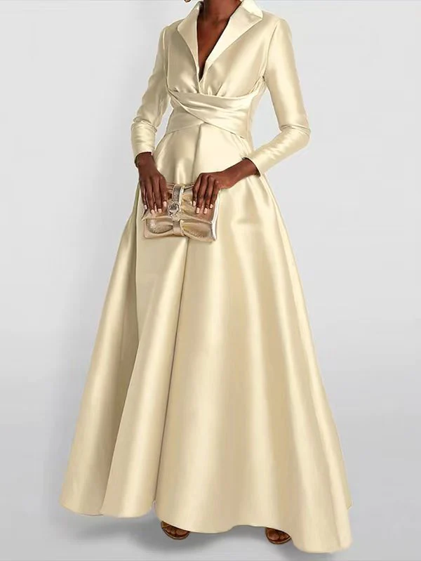 A-Line High Waisted Pleated Solid Color V-Neck Maxi Dresses - Image 8