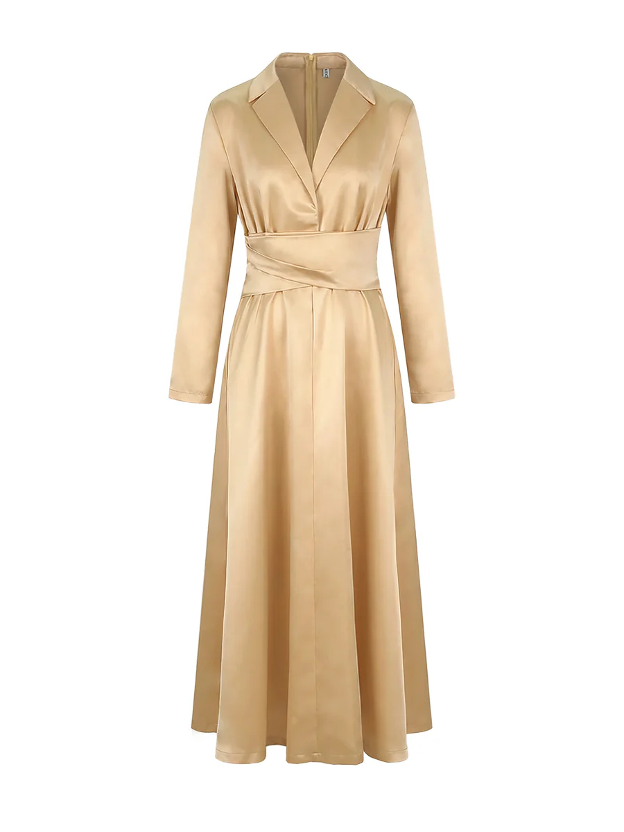 A-Line High Waisted Pleated Solid Color V-Neck Maxi Dresses - Image 9