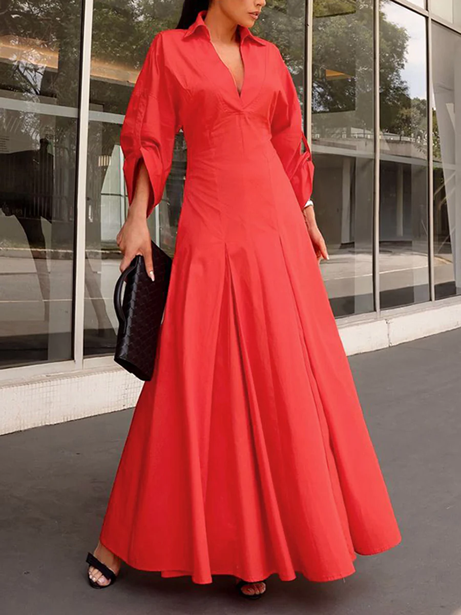 A-Line High Waisted Pleated Solid Color V-Neck Maxi Dresses Shirt Dress - Image 2