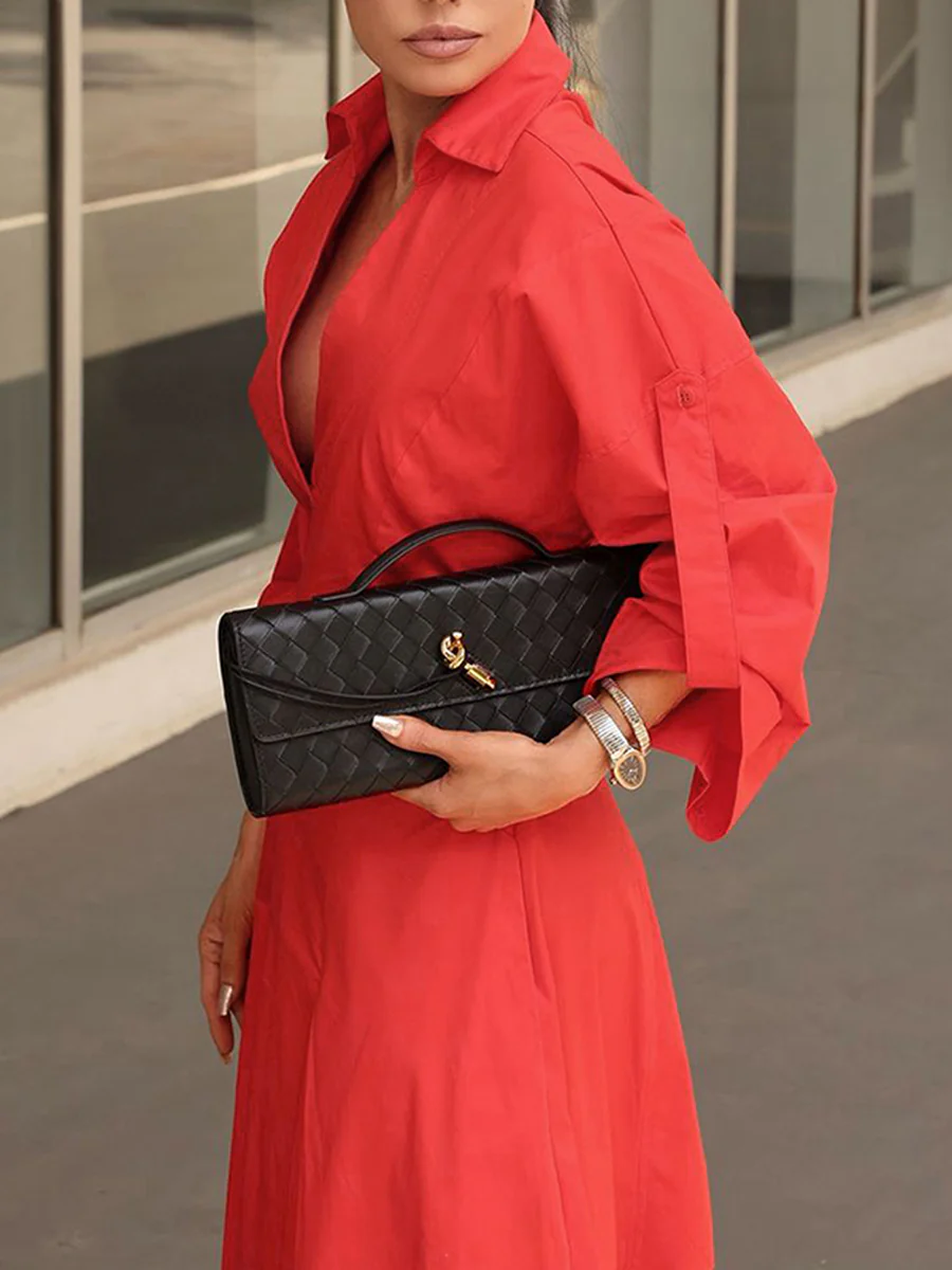 A-Line High Waisted Pleated Solid Color V-Neck Maxi Dresses Shirt Dress - Image 4