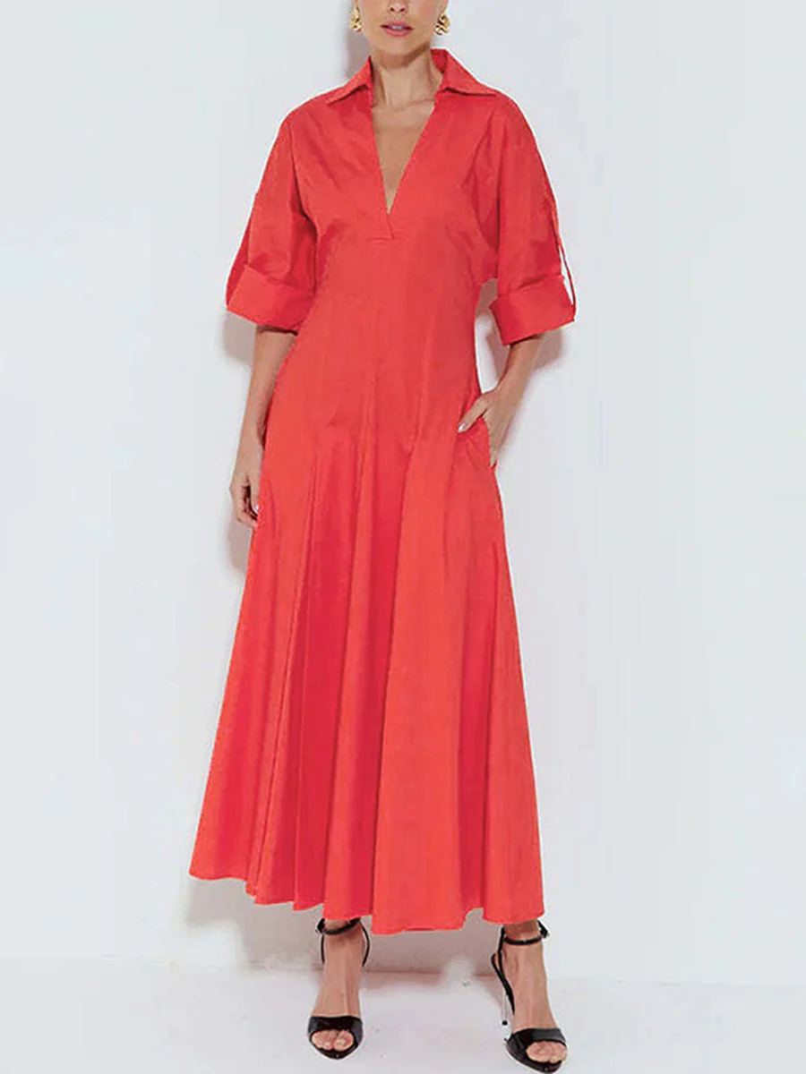 A-Line High Waisted Pleated Solid Color V-Neck Maxi Dresses Shirt Dress - Image 5