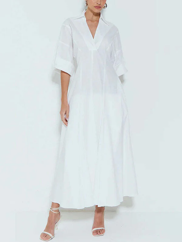 A-Line High Waisted Pleated Solid Color V-Neck Maxi Dresses Shirt Dress - Image 6