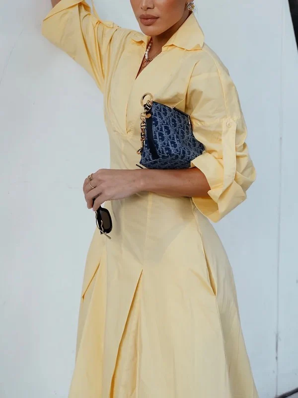 A-Line High Waisted Pleated Solid Color V-Neck Maxi Dresses Shirt Dress - Image 7