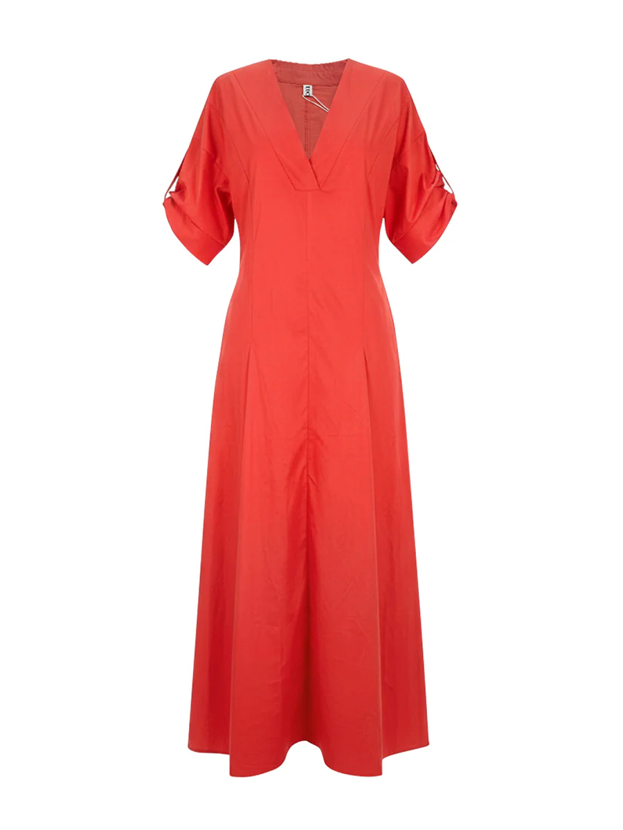 A-Line High Waisted Pleated Solid Color V-Neck Maxi Dresses Shirt Dress - Image 8