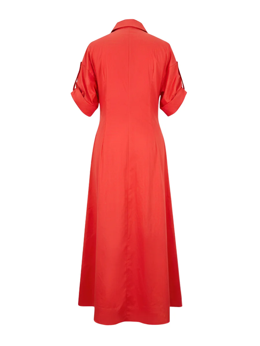 A-Line High Waisted Pleated Solid Color V-Neck Maxi Dresses Shirt Dress - Image 9