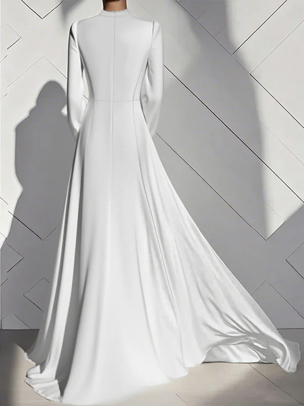 A-Line High Waisted Pleated Solid Color Zipper Mock Neck Maxi Dresses - Image 2