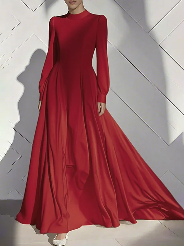 A-Line High Waisted Pleated Solid Color Zipper Mock Neck Maxi Dresses - Image 3