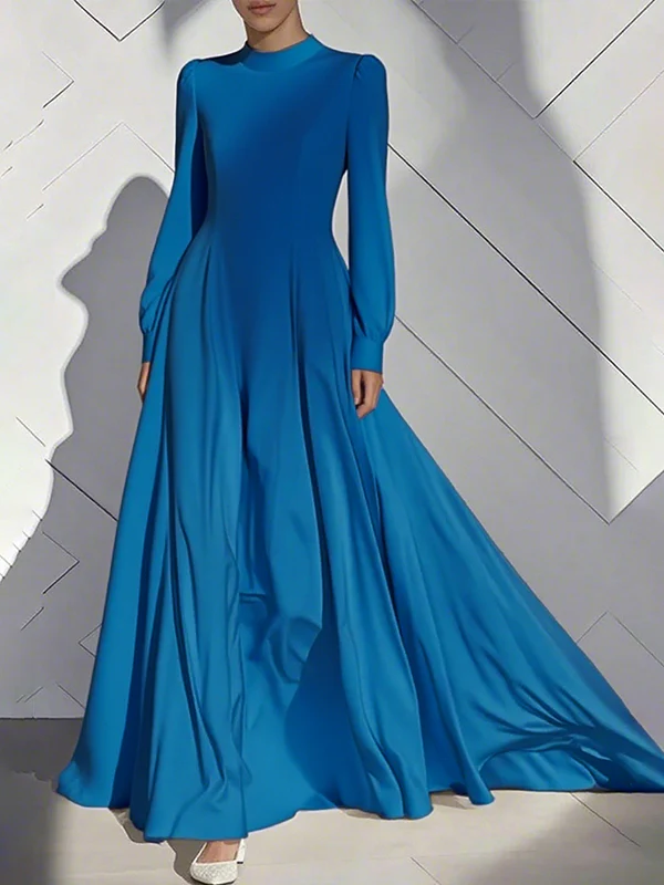 A-Line High Waisted Pleated Solid Color Zipper Mock Neck Maxi Dresses - Image 4